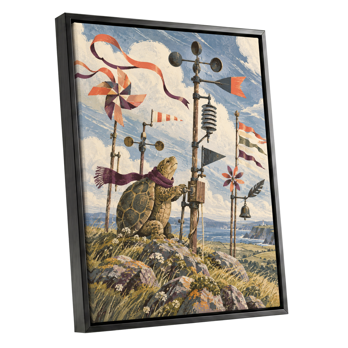 The Tortoise Windkeeper, blue, beige, green nature wall art shown as a black framed canvas wall art