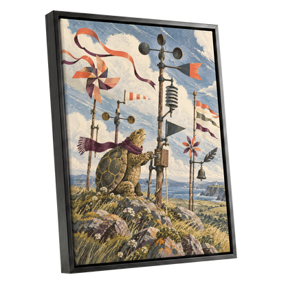 The Tortoise Windkeeper, blue, beige, green nature wall art shown as a black framed canvas wall art