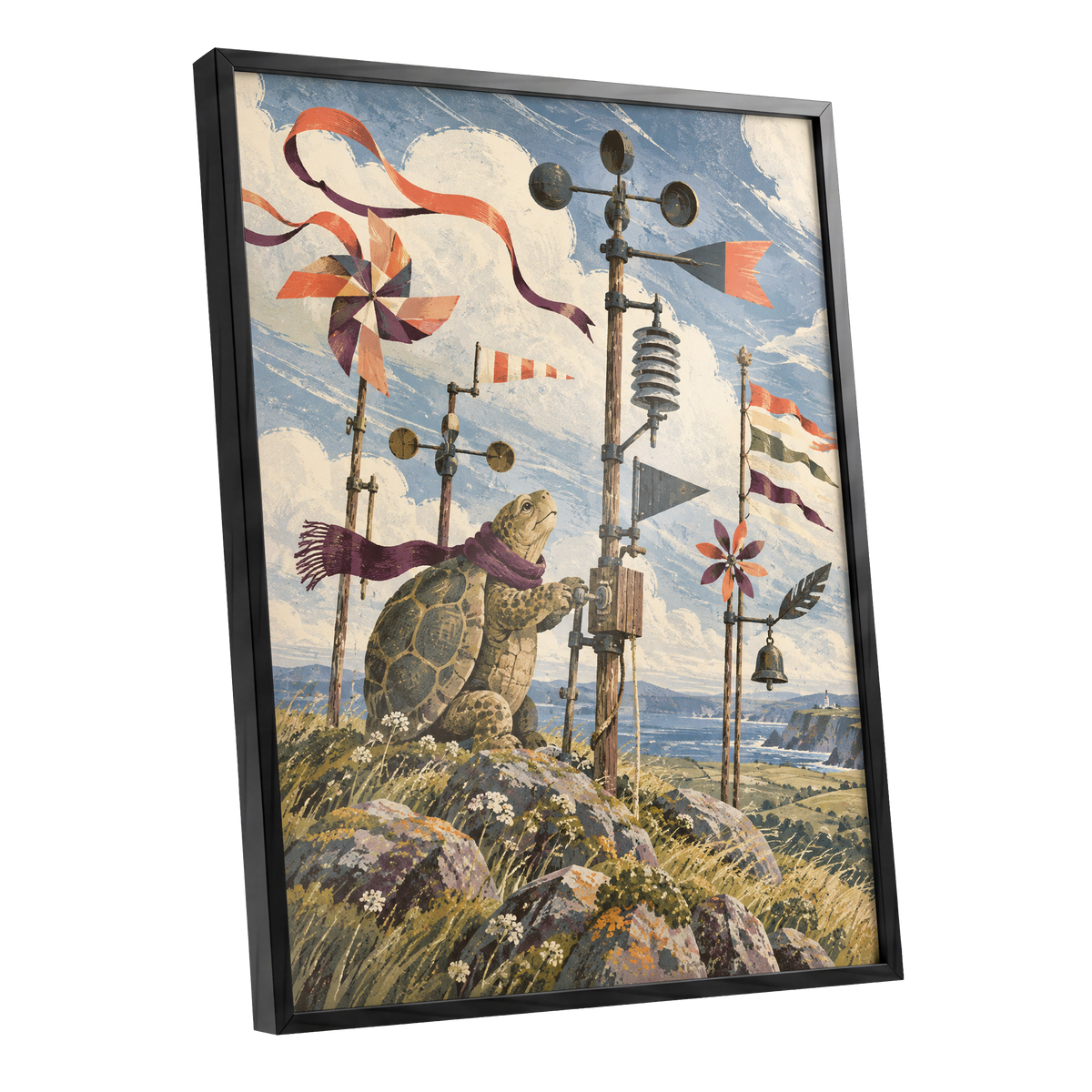 The Tortoise Windkeeper, blue, beige, green nature wall art shown as a black framed poster wall art print