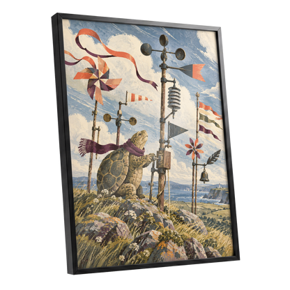 The Tortoise Windkeeper, blue, beige, green nature wall art shown as a black framed poster wall art print