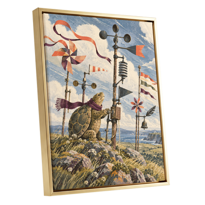 The Tortoise Windkeeper, blue, beige, green nature wall art shown as a gold framed canvas wall art