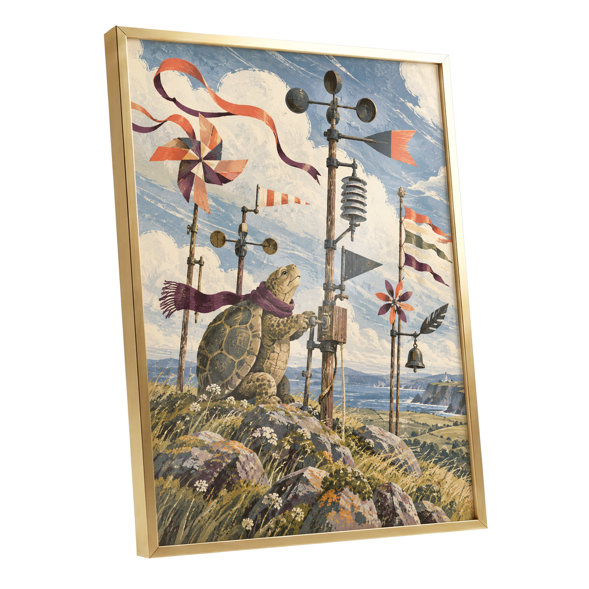 The Tortoise Windkeeper, blue, beige, green nature wall art shown as a gold framed poster wall art print