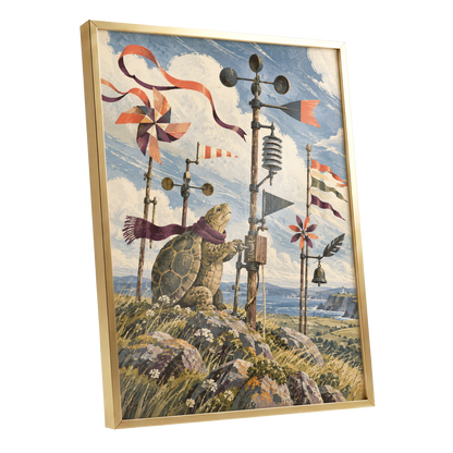 The Tortoise Windkeeper, blue, beige, green nature wall art shown as a gold framed poster wall art print