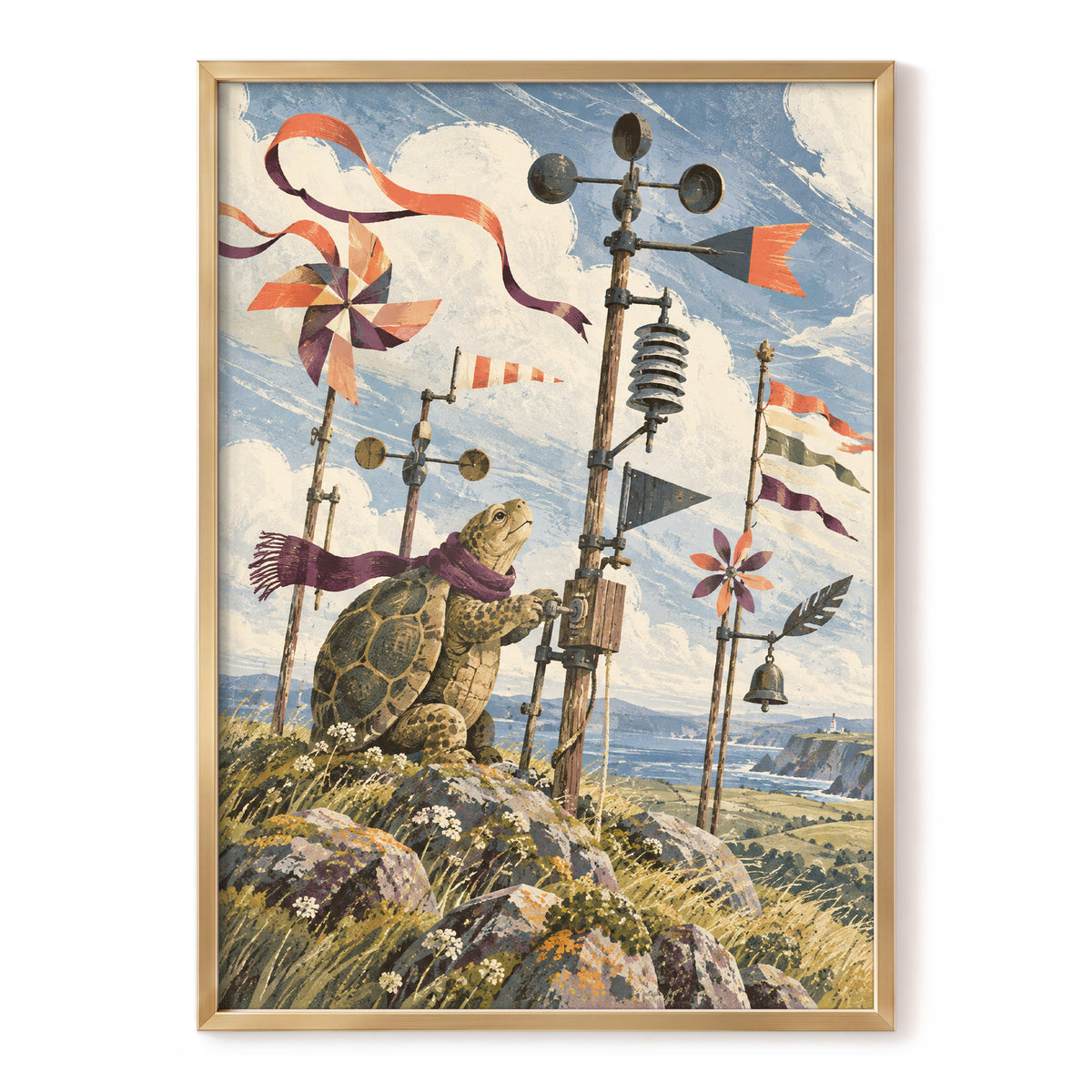 The Tortoise Windkeeper, blue, beige, green nature wall art, front artwork view