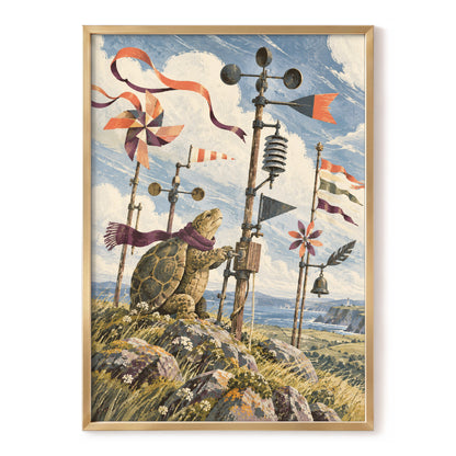 The Tortoise Windkeeper, blue, beige, green nature wall art, front artwork view