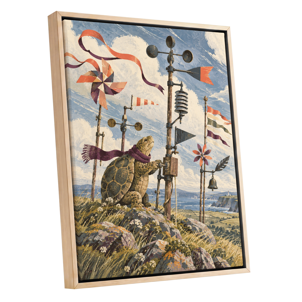 The Tortoise Windkeeper, blue, beige, green nature wall art shown as a oak framed canvas wall art