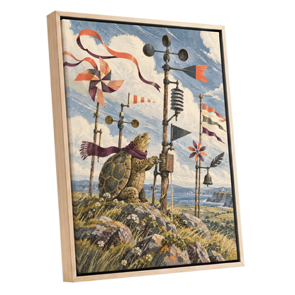 The Tortoise Windkeeper, blue, beige, green nature wall art shown as a oak framed canvas wall art
