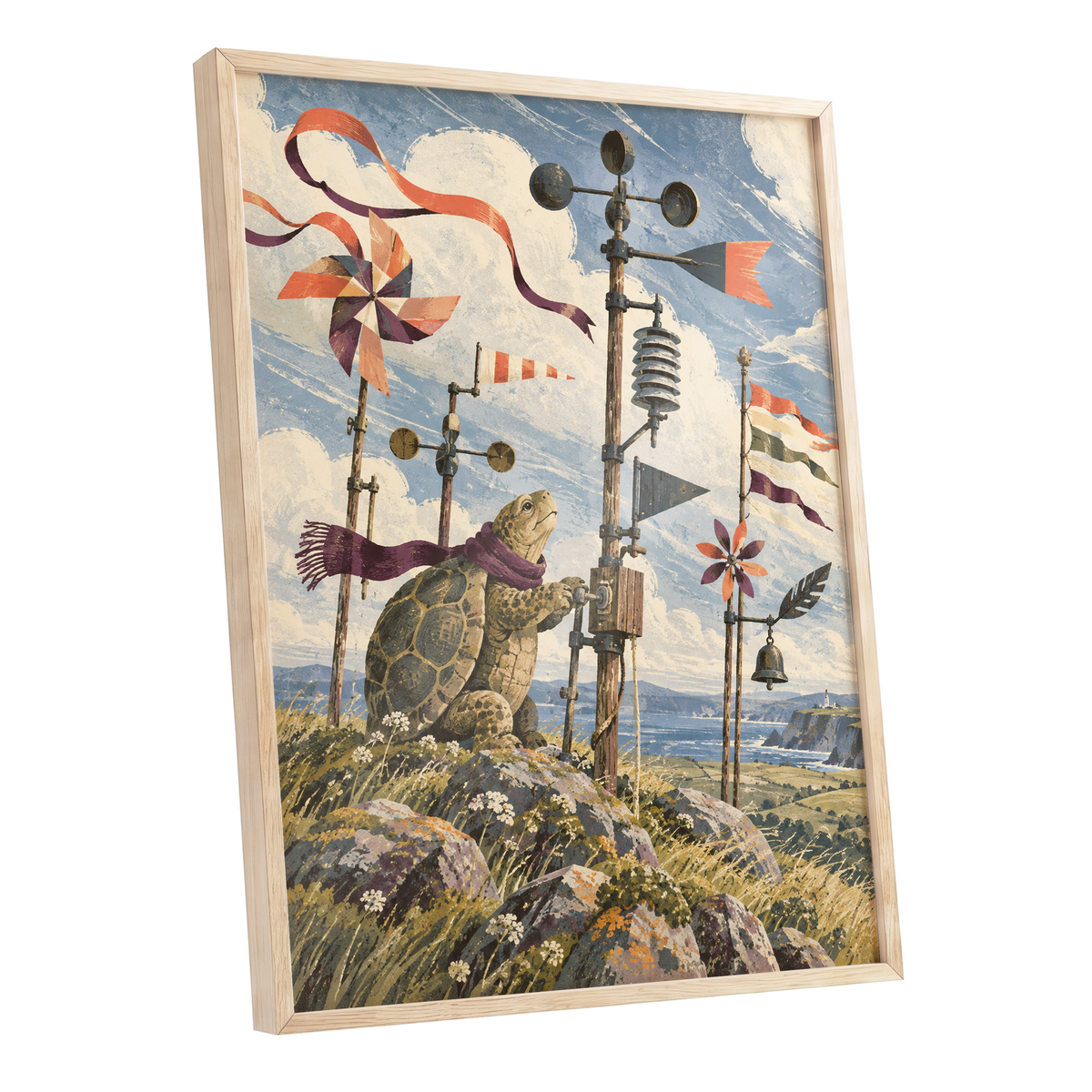 The Tortoise Windkeeper, blue, beige, green nature wall art shown as a oak framed poster wall art print
