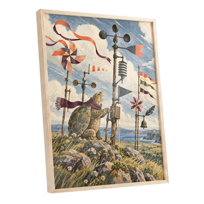 The Tortoise Windkeeper, blue, beige, green nature wall art shown as a oak framed poster wall art print
