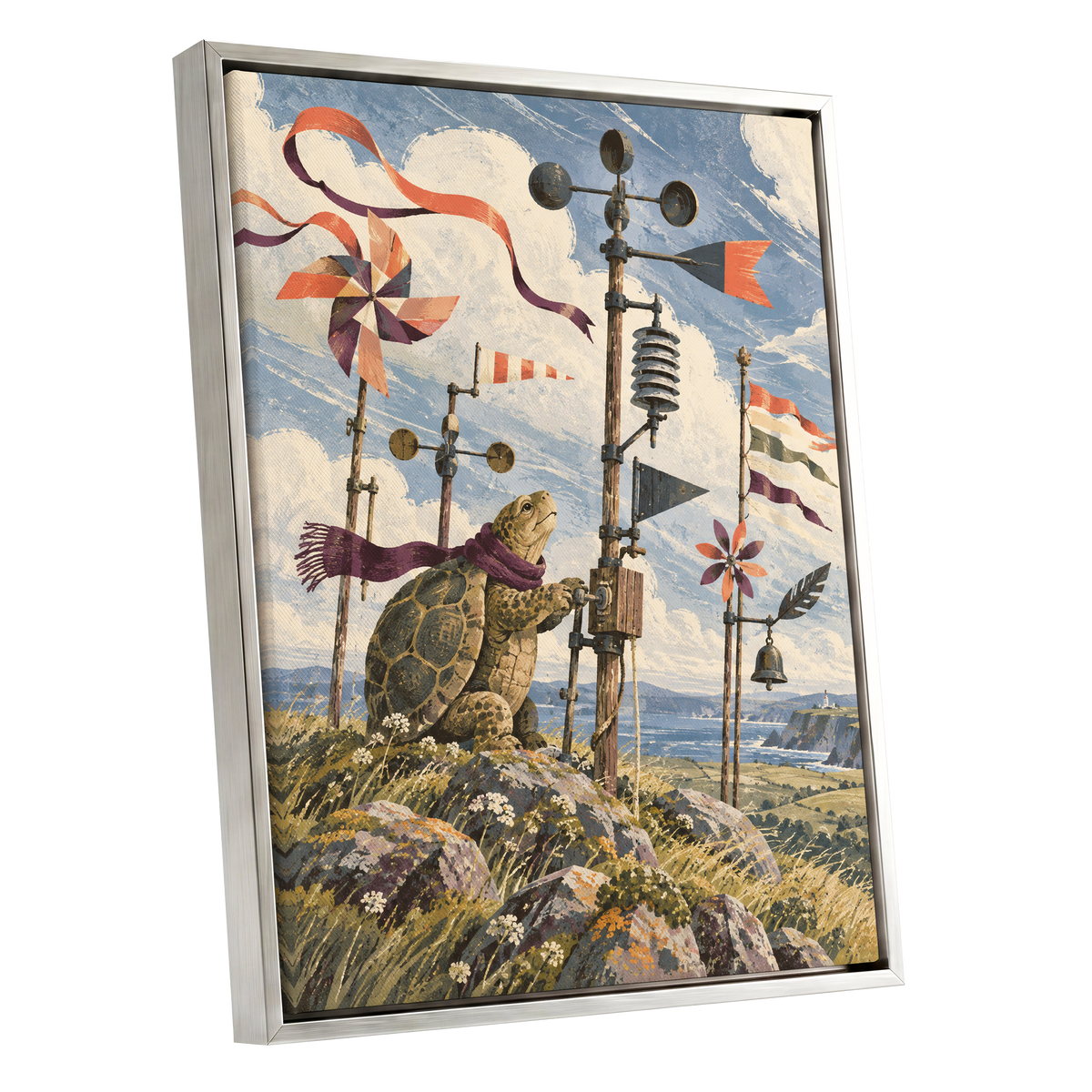 The Tortoise Windkeeper, blue, beige, green nature wall art shown as a silver framed canvas wall art