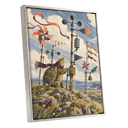 The Tortoise Windkeeper, blue, beige, green nature wall art shown as a silver framed canvas wall art