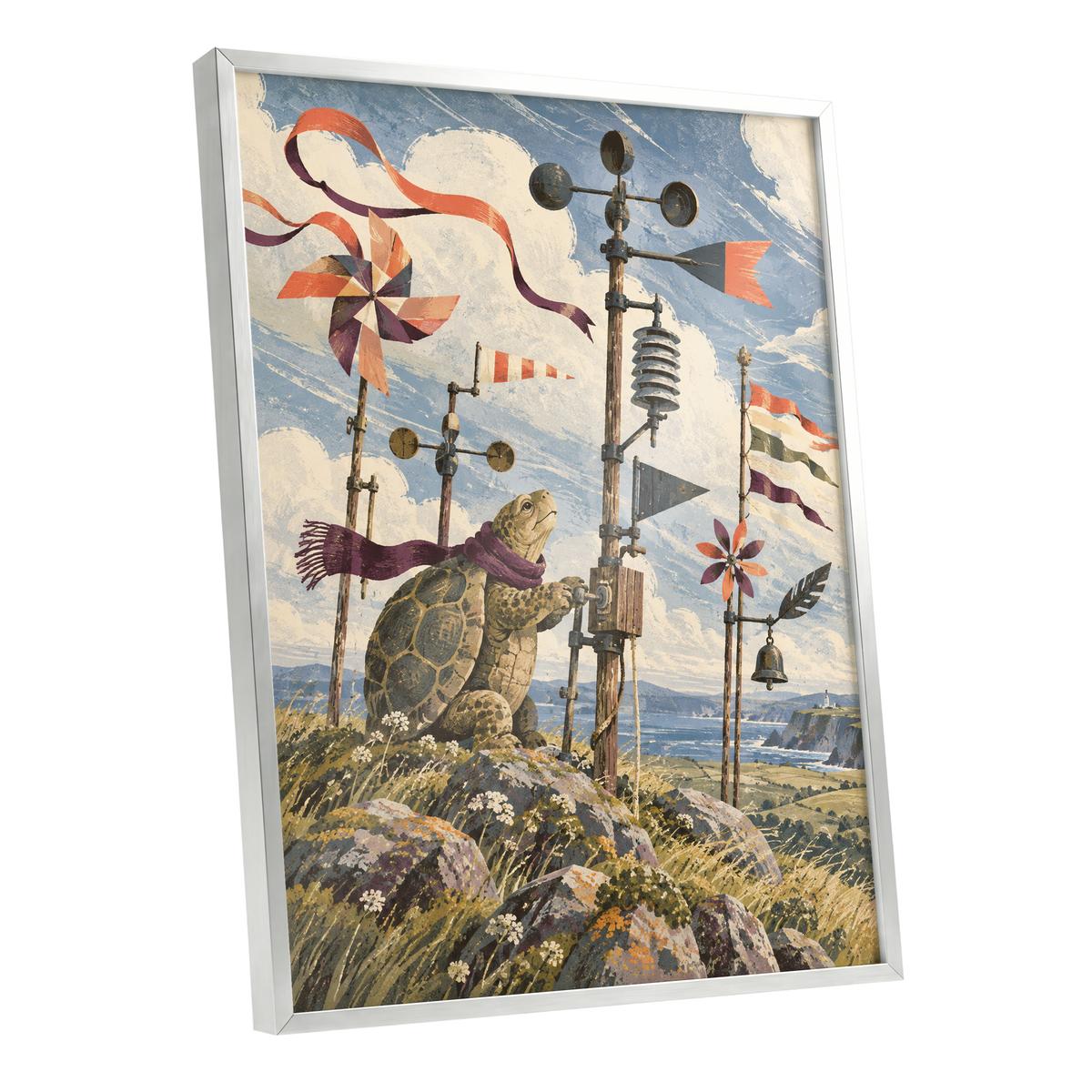 The Tortoise Windkeeper, blue, beige, green nature wall art shown as a silver framed poster wall art print