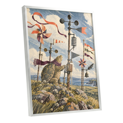 The Tortoise Windkeeper, blue, beige, green nature wall art shown as a silver framed poster wall art print