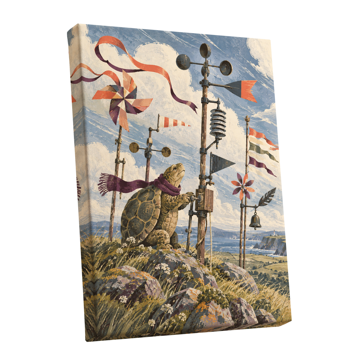 The Tortoise Windkeeper, blue, beige, green nature wall art shown as a stretched canvas wall art