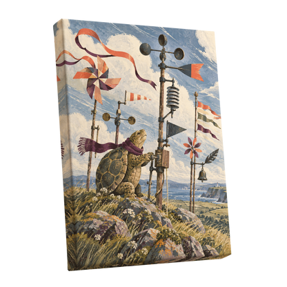 The Tortoise Windkeeper, blue, beige, green nature wall art shown as a stretched canvas wall art