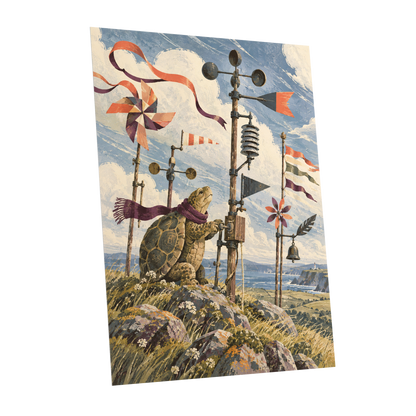 The Tortoise Windkeeper, blue, beige, green nature wall art shown as a unframed poster wall art print