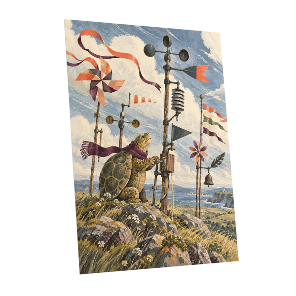 The Tortoise Windkeeper, blue, beige, green nature wall art shown as a unframed poster wall art print