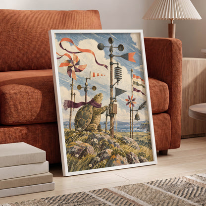 The Tortoise Windkeeper, blue, beige, green nature wall art displayed in a styled interior, gallery view 2