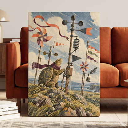 The Tortoise Windkeeper, blue, beige, green nature wall art displayed in a styled interior, gallery view 3