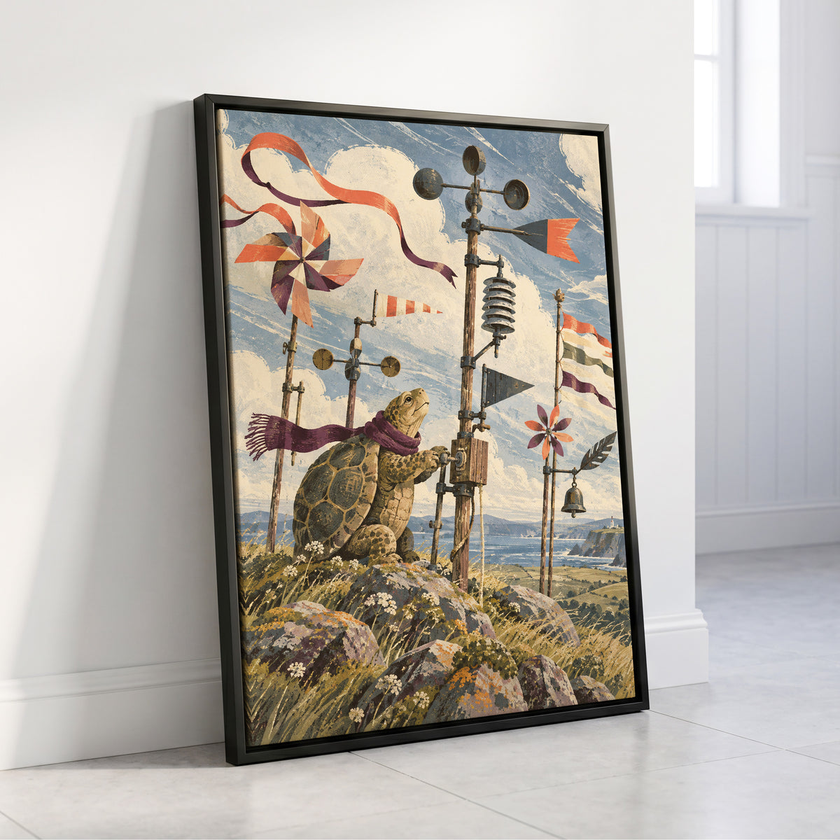 The Tortoise Windkeeper, blue, beige, green nature wall art displayed in a styled interior, gallery view 4