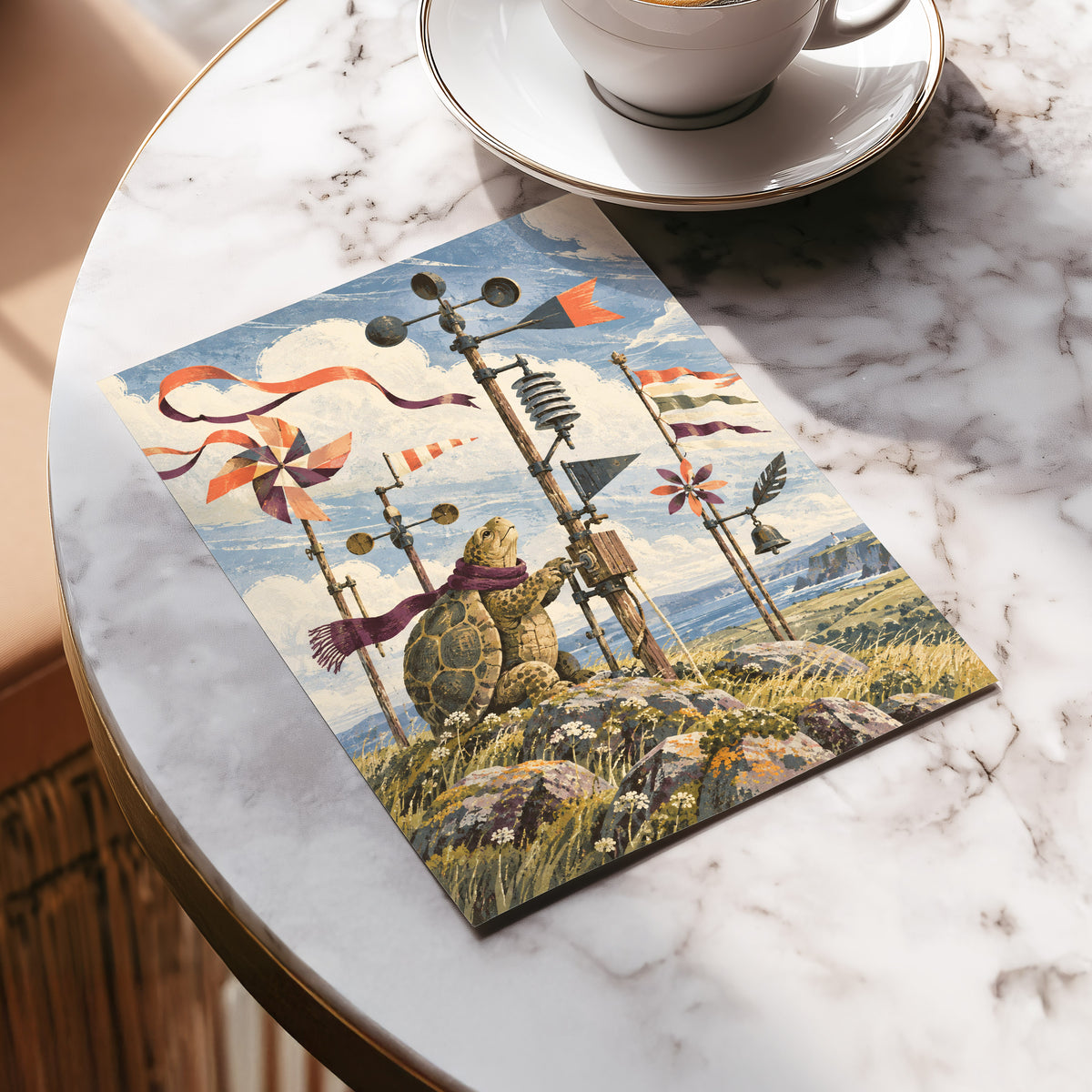 The Tortoise Windkeeper, blue, beige, green nature wall art displayed in a styled interior, gallery view 5