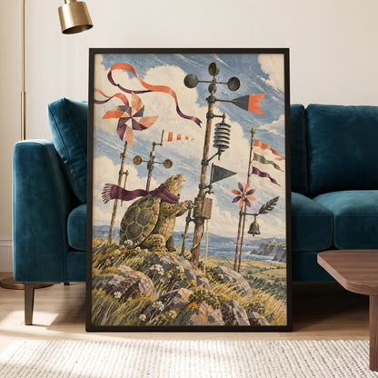 The Tortoise Windkeeper, blue, beige, green nature wall art displayed in a styled interior, gallery view 6