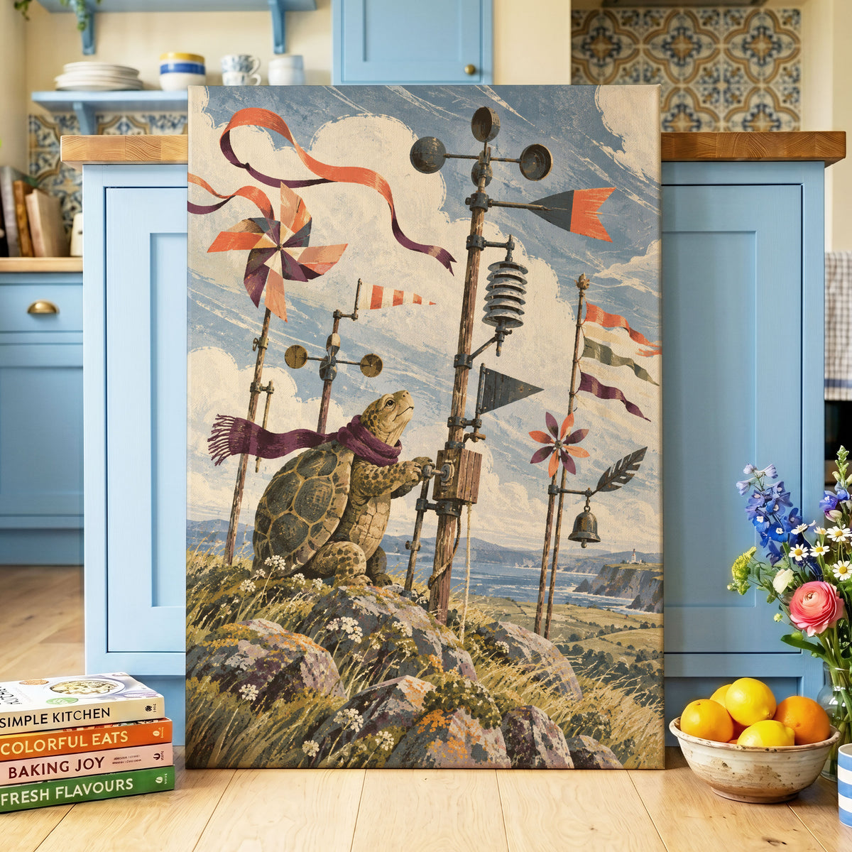 The Tortoise Windkeeper, blue, beige, green nature wall art displayed in a styled interior, gallery view 7