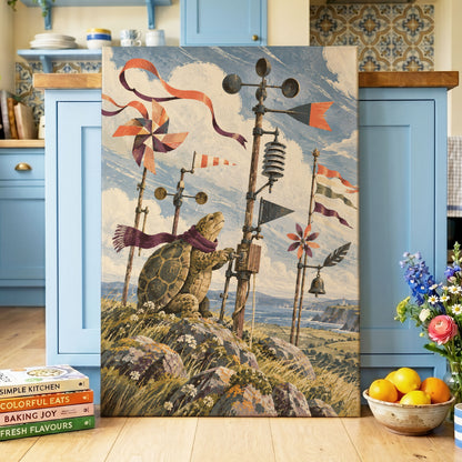 The Tortoise Windkeeper, blue, beige, green nature wall art displayed in a styled interior, gallery view 7