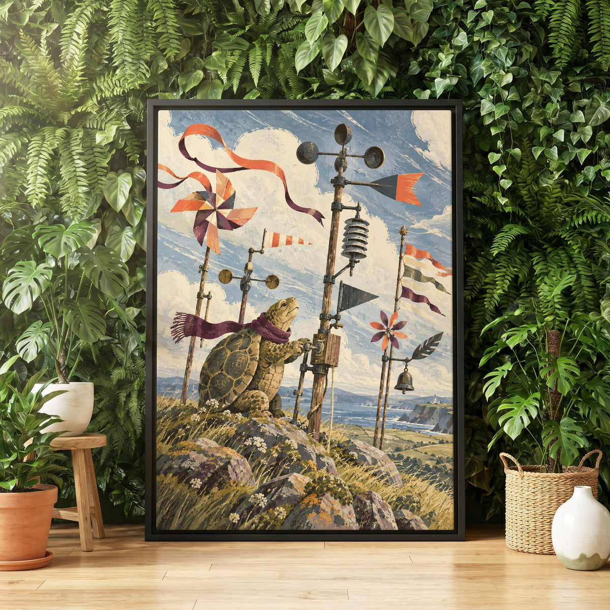 The Tortoise Windkeeper, blue, beige, green nature wall art displayed in a styled interior, gallery view 8
