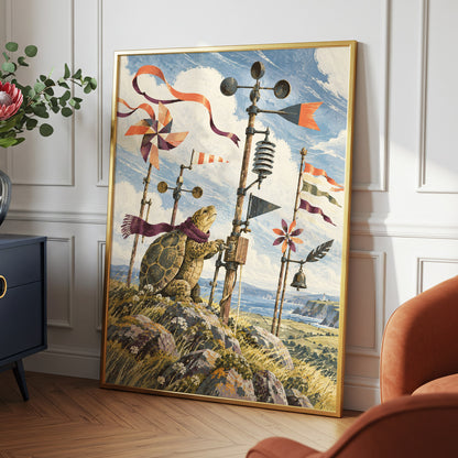 The Tortoise Windkeeper, blue, beige, green nature wall art displayed in a styled interior, gallery view 9