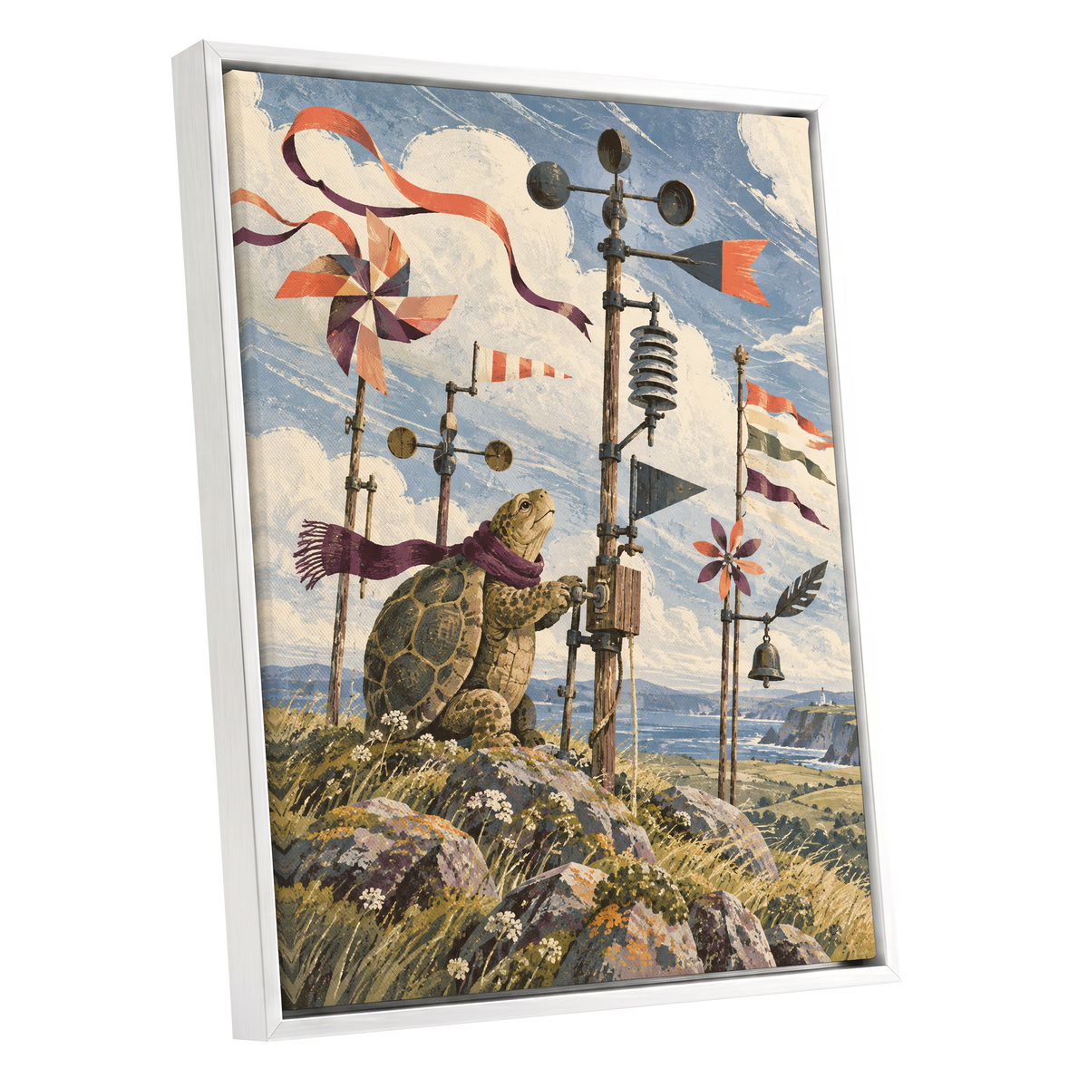 The Tortoise Windkeeper, blue, beige, green nature wall art shown as a white framed canvas wall art