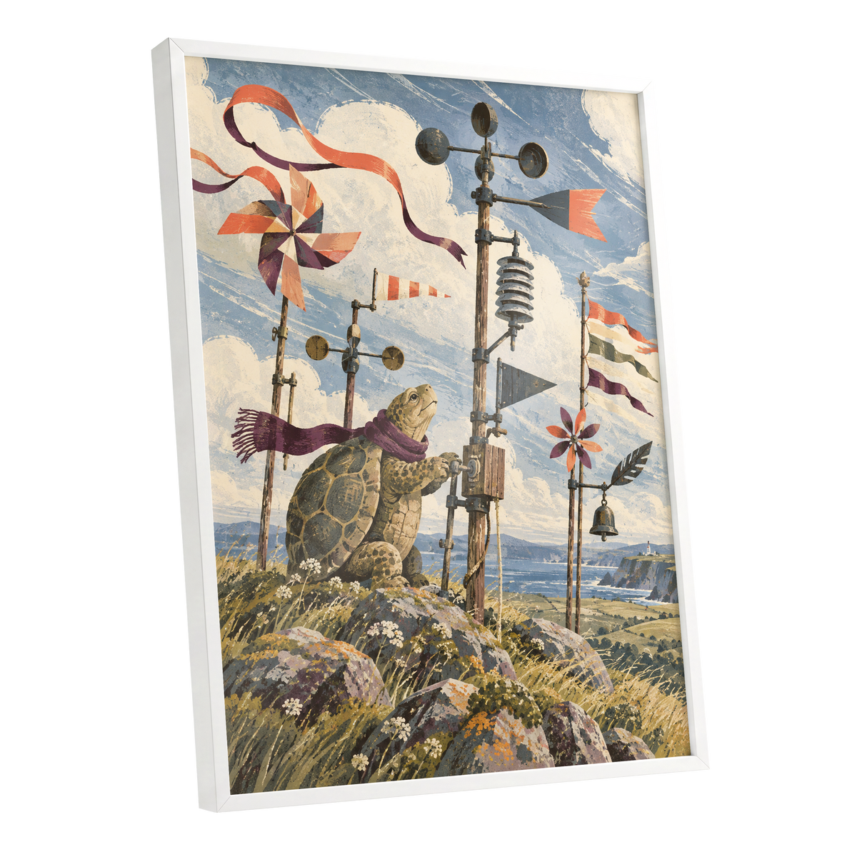 The Tortoise Windkeeper, blue, beige, green nature wall art shown as a white framed poster wall art print