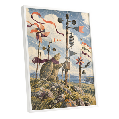 The Tortoise Windkeeper, blue, beige, green nature wall art shown as a white framed poster wall art print