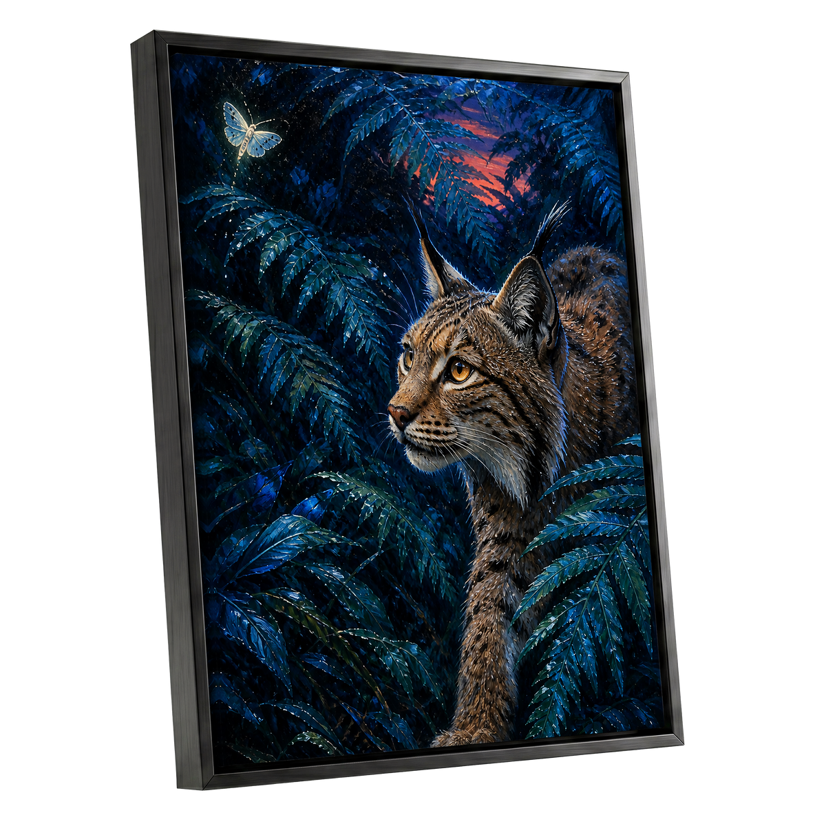 The Twilight Watcher, blue, black, brown nature wall art shown as a black framed canvas wall art