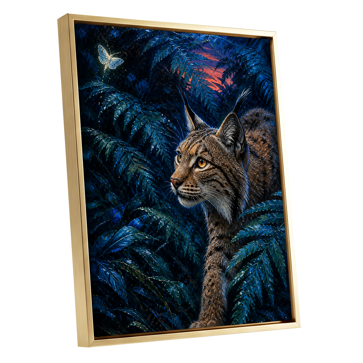 The Twilight Watcher, blue, black, brown nature wall art shown as a gold framed canvas wall art