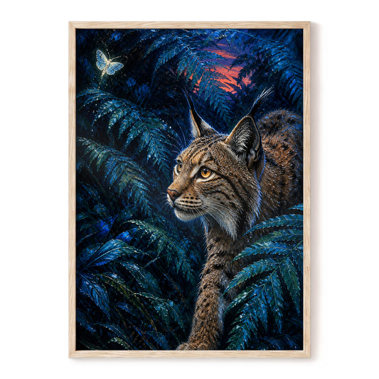 The Twilight Watcher, blue, black, brown nature wall art, front artwork view