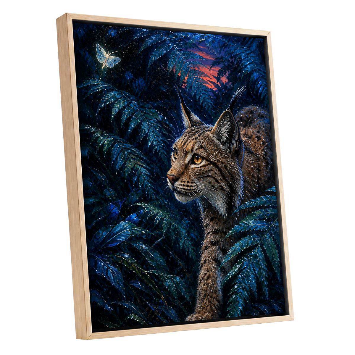 The Twilight Watcher, blue, black, brown nature wall art shown as a oak framed canvas wall art