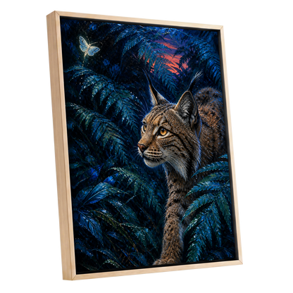The Twilight Watcher, blue, black, brown nature wall art shown as a oak framed canvas wall art