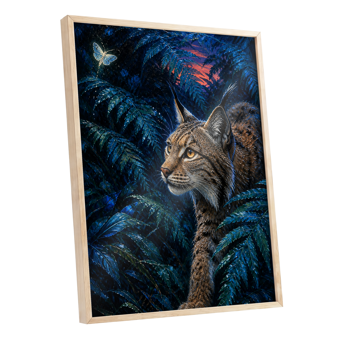 The Twilight Watcher, blue, black, brown nature wall art shown as a oak framed poster wall art print