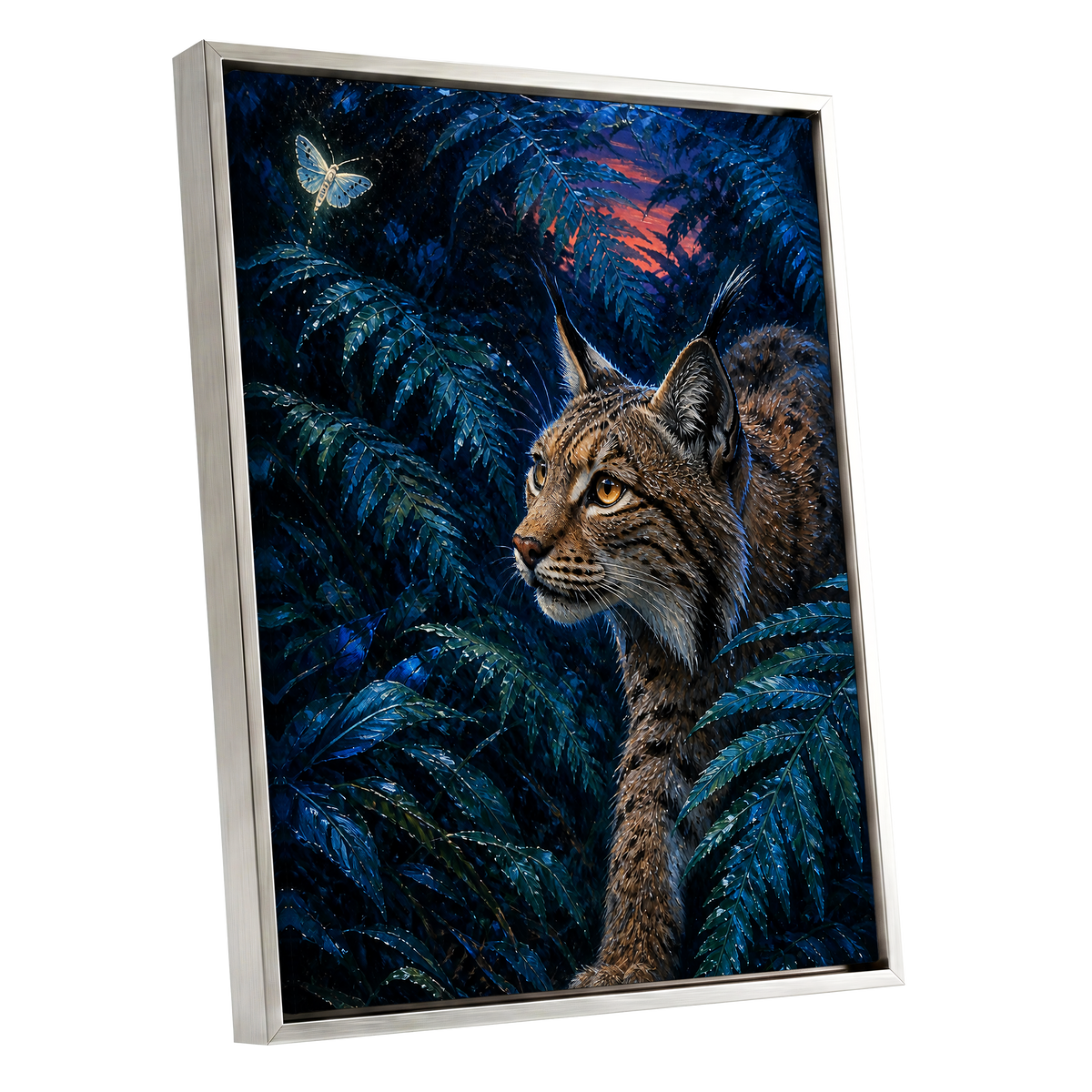 The Twilight Watcher, blue, black, brown nature wall art shown as a silver framed canvas wall art
