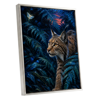 The Twilight Watcher, blue, black, brown nature wall art shown as a silver framed canvas wall art