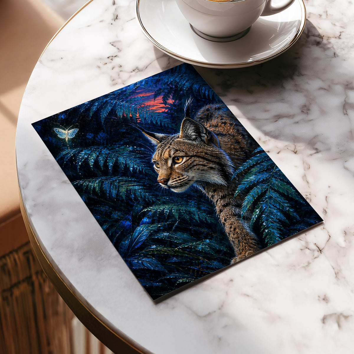 The Twilight Watcher, blue, black, brown nature wall art displayed in a styled interior, gallery view 5