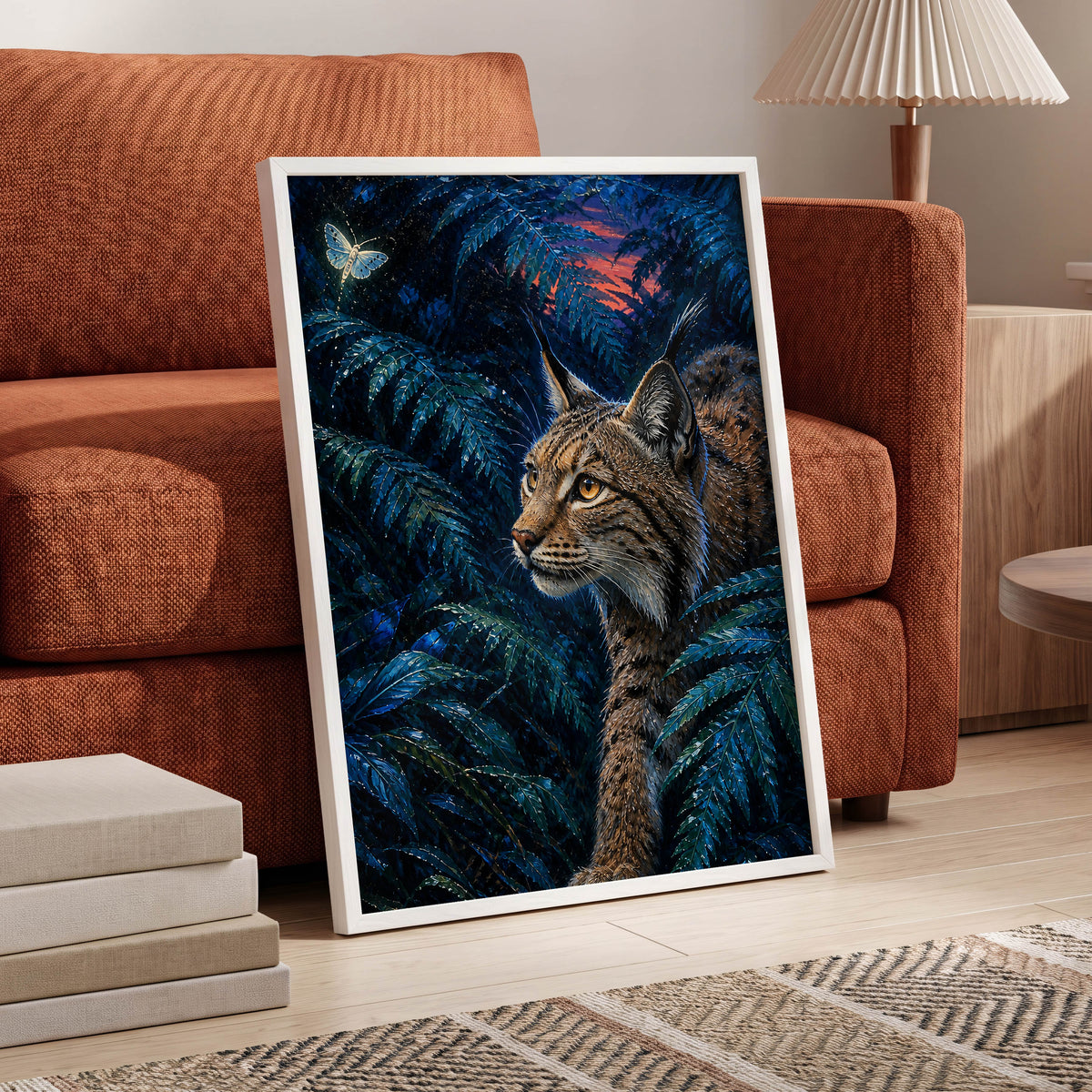 The Twilight Watcher, blue, black, brown nature wall art displayed in a styled interior, gallery view 9