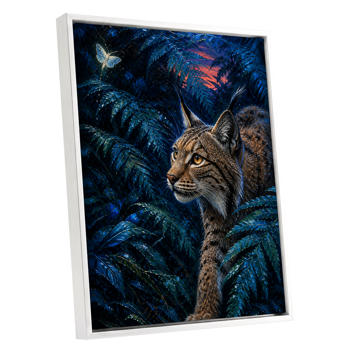 The Twilight Watcher, blue, black, brown nature wall art shown as a white framed canvas wall art