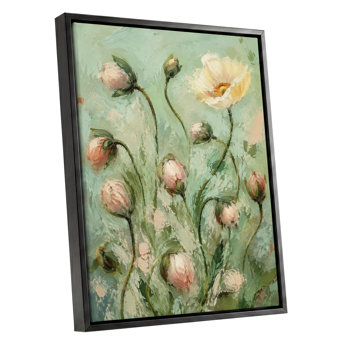 The Unfolding Garden, green, pink, white floral wall art shown as a black framed canvas wall art