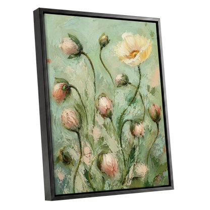 The Unfolding Garden, green, pink, white floral wall art shown as a black framed canvas wall art