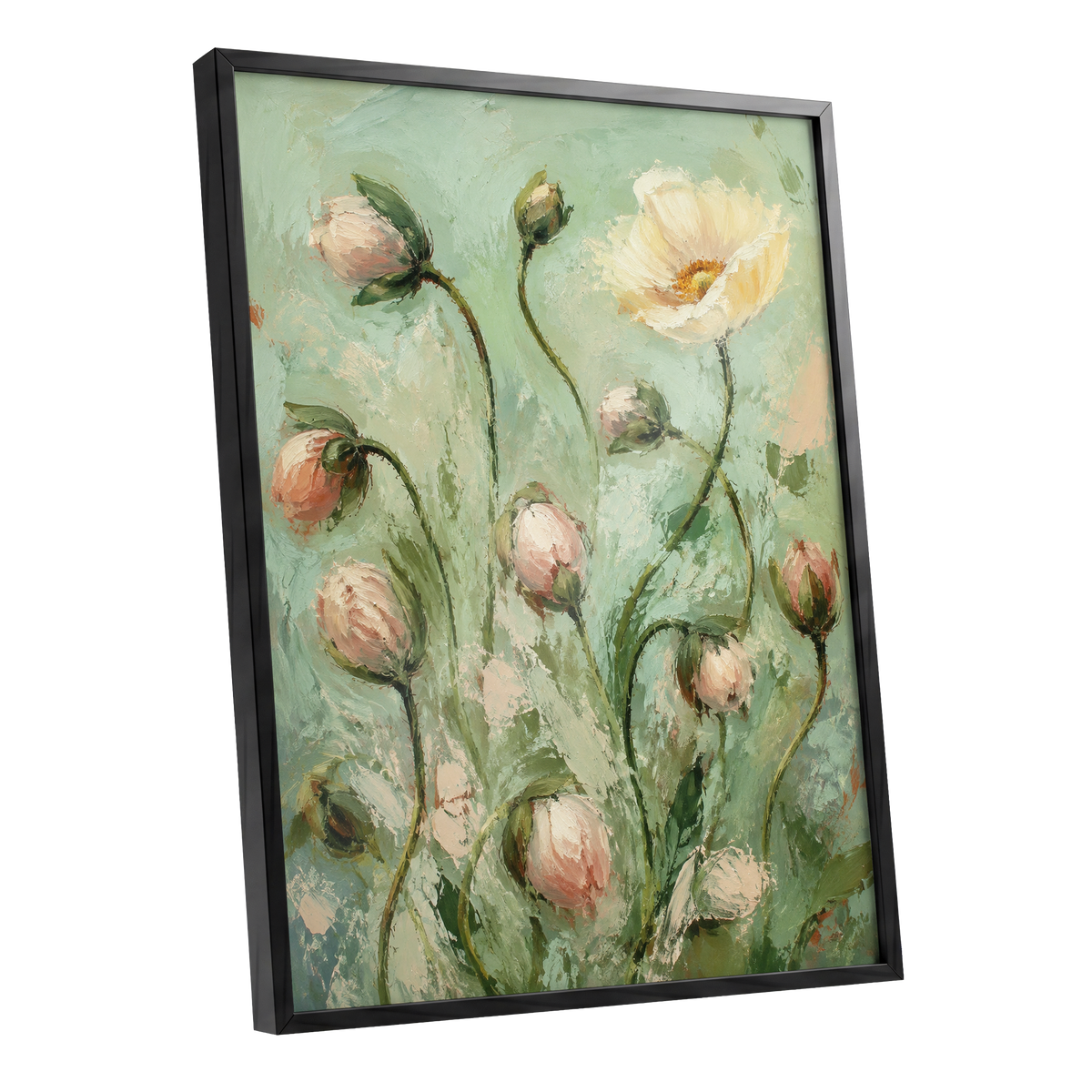 The Unfolding Garden, green, pink, white floral wall art shown as a black framed poster wall art print