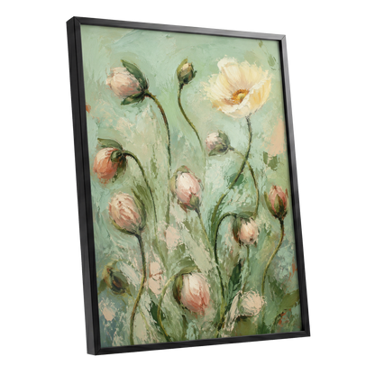 The Unfolding Garden, green, pink, white floral wall art shown as a black framed poster wall art print