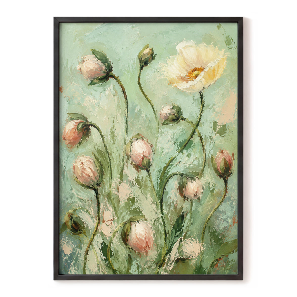 The Unfolding Garden, green, pink, white floral wall art, front artwork view