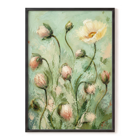 The Unfolding Garden, green, pink, white floral wall art, front artwork view